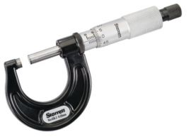 Starrett 436.1MXRL-25 Outside Micrometer features ratchet stop, lock nut and carbide face. 0.01mm Grad