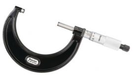 Starrett 436.1MXRL-75 Outside Micrometer features ratchet stop, lock nut and carbide face. 0.01mm Grad, 