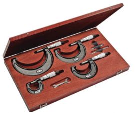 Starrett S436.1MBXRLZ Outside Micrometer Set includes 4 micrometers, Range 0-100mm, 25mm, 50mm and 75mm and 100mm micrometers, three standards, adjusting wrench, in case. 