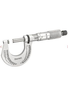 Starrett T230XRL Outside Micrometer includes a ratchet stop, lock nut, carbide face, and . 0-1" Range, .0001" Grad,