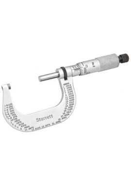 Starrett T2XRL Outside Micrometer range 1-2" features ratchet stop, lock nut, carbide face, and 1" gauge block standard .0001" Grad, 